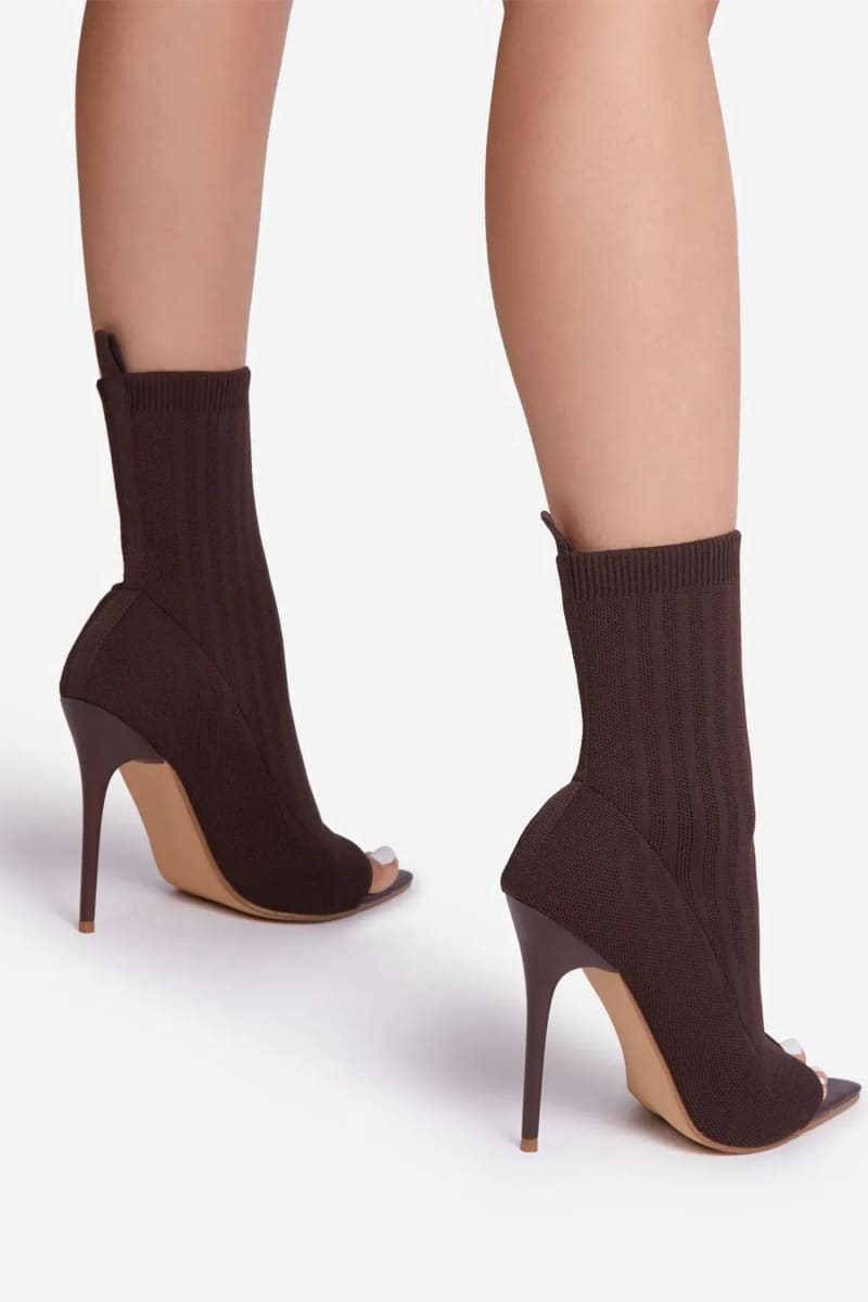 Brown Pointed Peep Toe Stiletto Heels Ankle Sock Boots