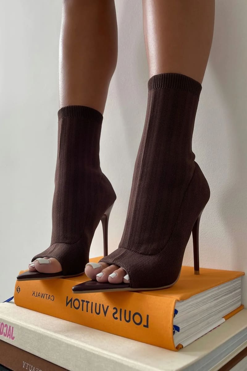 Brown Pointed Peep Toe Stiletto Heels Ankle Sock Boots