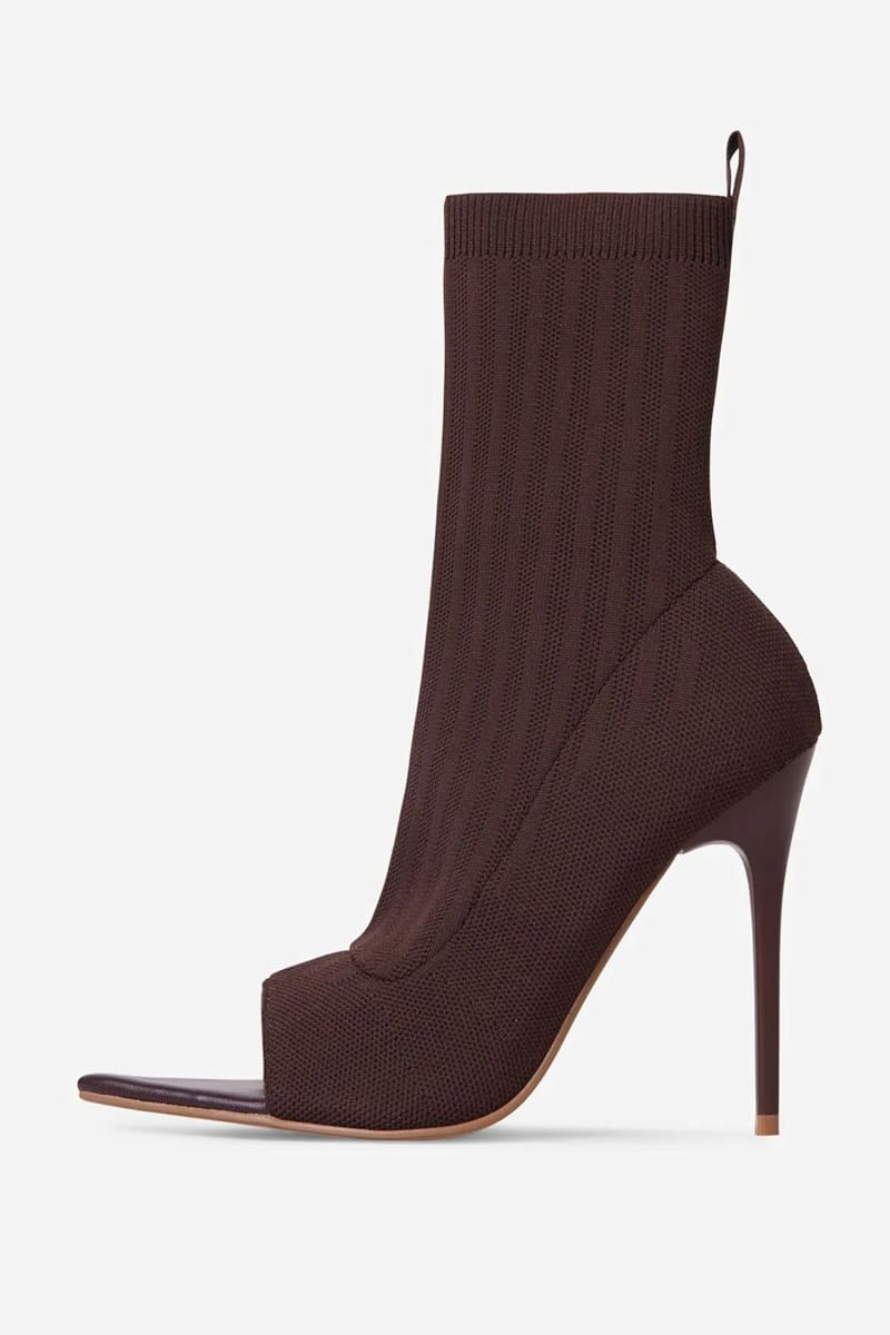 Brown Pointed Peep Toe Stiletto Heels Ankle Sock Boots