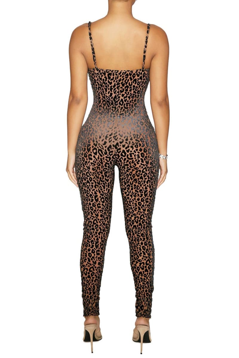 Brown See Through Mesh Leopard Print Velvet Jumpsuit Jumpsuits & Rompers