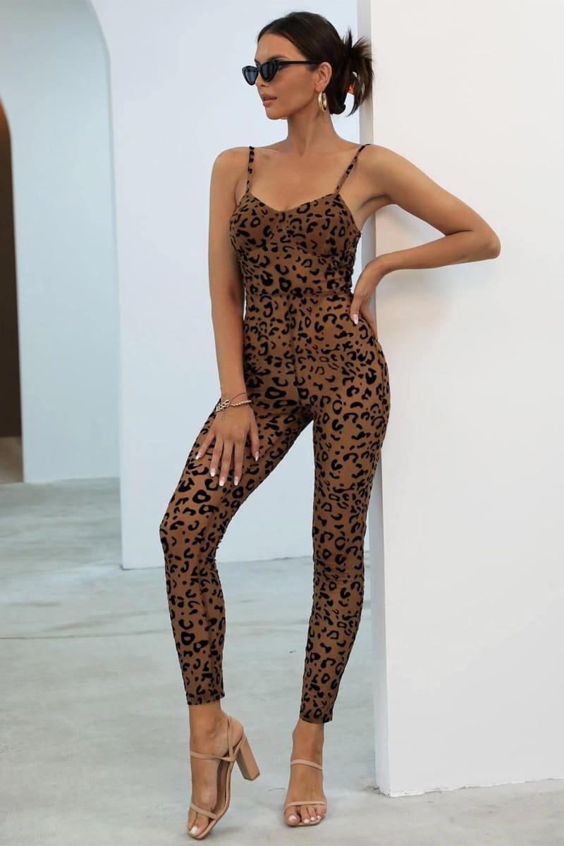 Brown See Through Mesh Leopard Print Velvet Jumpsuit IRHAZ