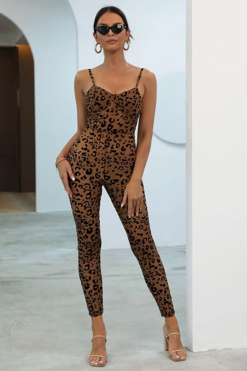 Brown See Through Mesh Leopard Print Velvet Jumpsuit Jumpsuits & Rompers