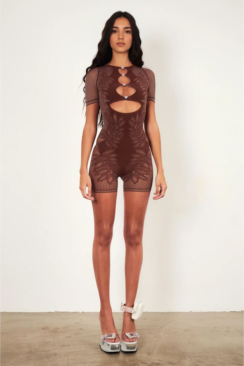 Brown Short Sleeve Cutout Romper