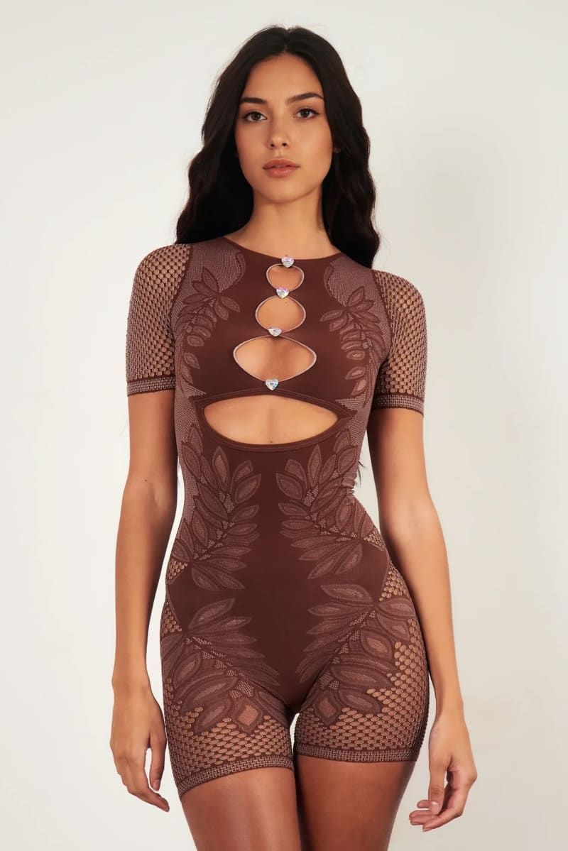 Brown Short Sleeve Cutout Romper