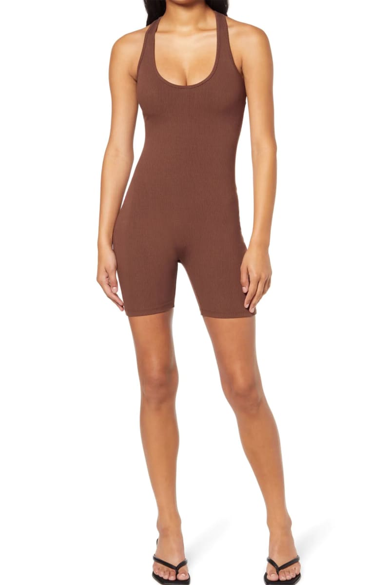 Brown Sleeveless Racerback Ribbed Biker Shorts Romper Jumpsuits & Rompers