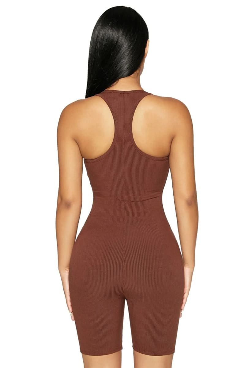 Brown Sleeveless Racerback Ribbed Biker Shorts Romper Jumpsuits & Rompers