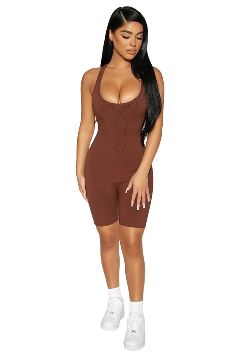 Brown Sleeveless Racerback Ribbed Biker Shorts Romper Jumpsuits & Rompers