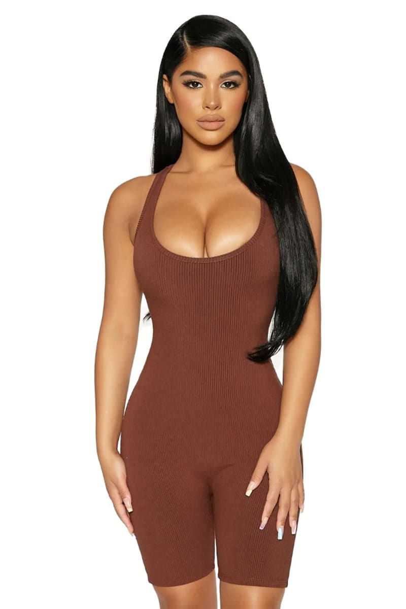 Brown Sleeveless Racerback Ribbed Biker Shorts Romper Jumpsuits & Rompers