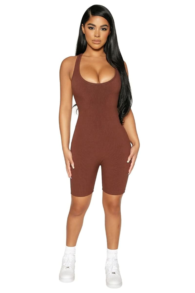 Brown Sleeveless Racerback Ribbed Biker Shorts Romper Jumpsuits & Rompers