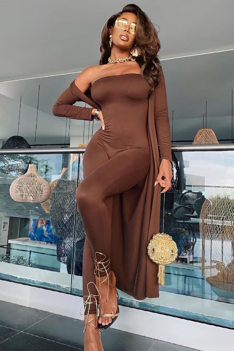 Brown Strapless Tight Jumpsuit S /