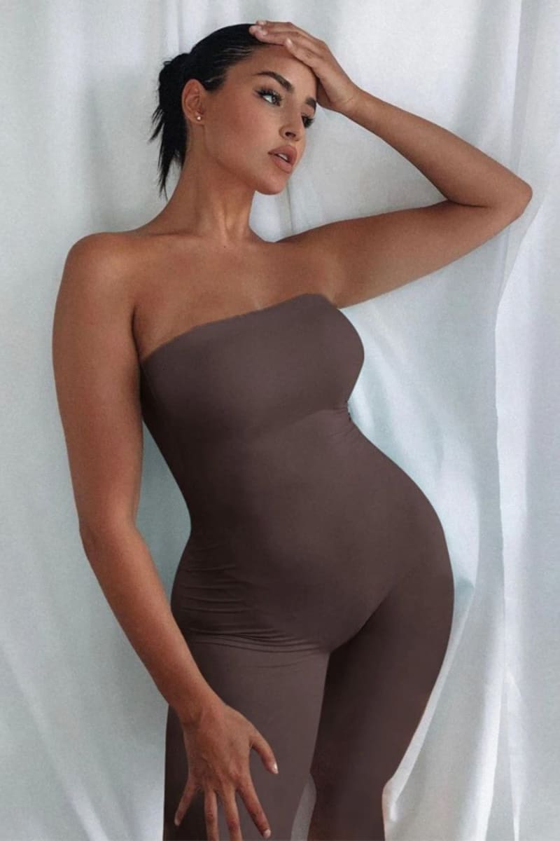 Brown Strapless Tight Jumpsuit