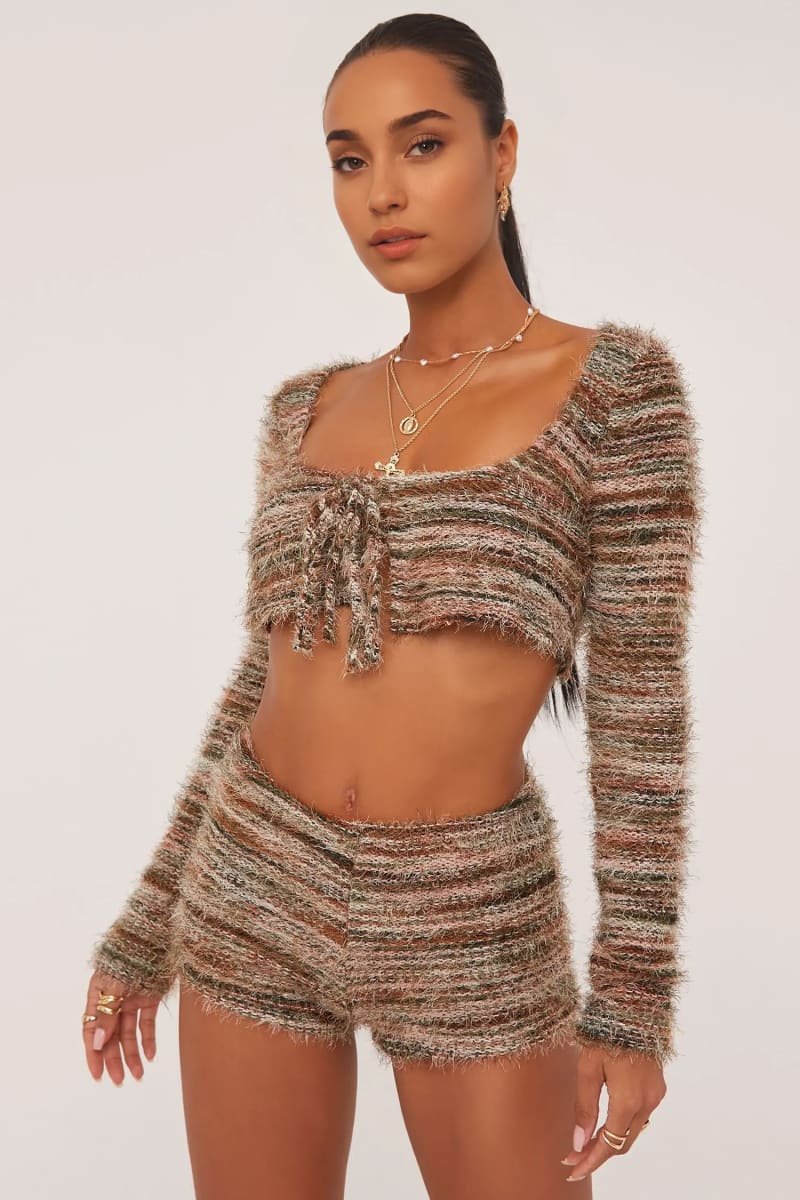 Brown Striped Textured Crop Top & Shorts Set