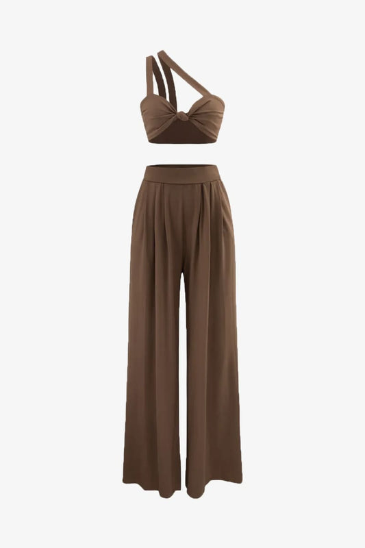 Brown Two Piece Palazzo Pants And Crop Top Set