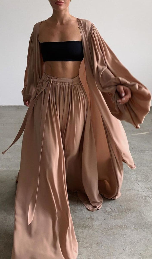 Brown Wide Leg Palazzo Pants And Beach Kimono Set Outfit Sets