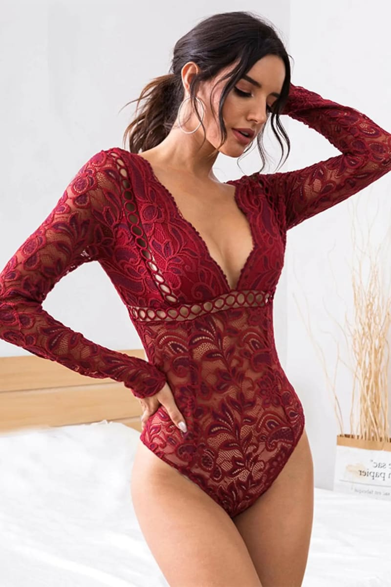 Burgundy Deep V Long Sleeve Floral Lace Bodysuit Leotards & Unitards