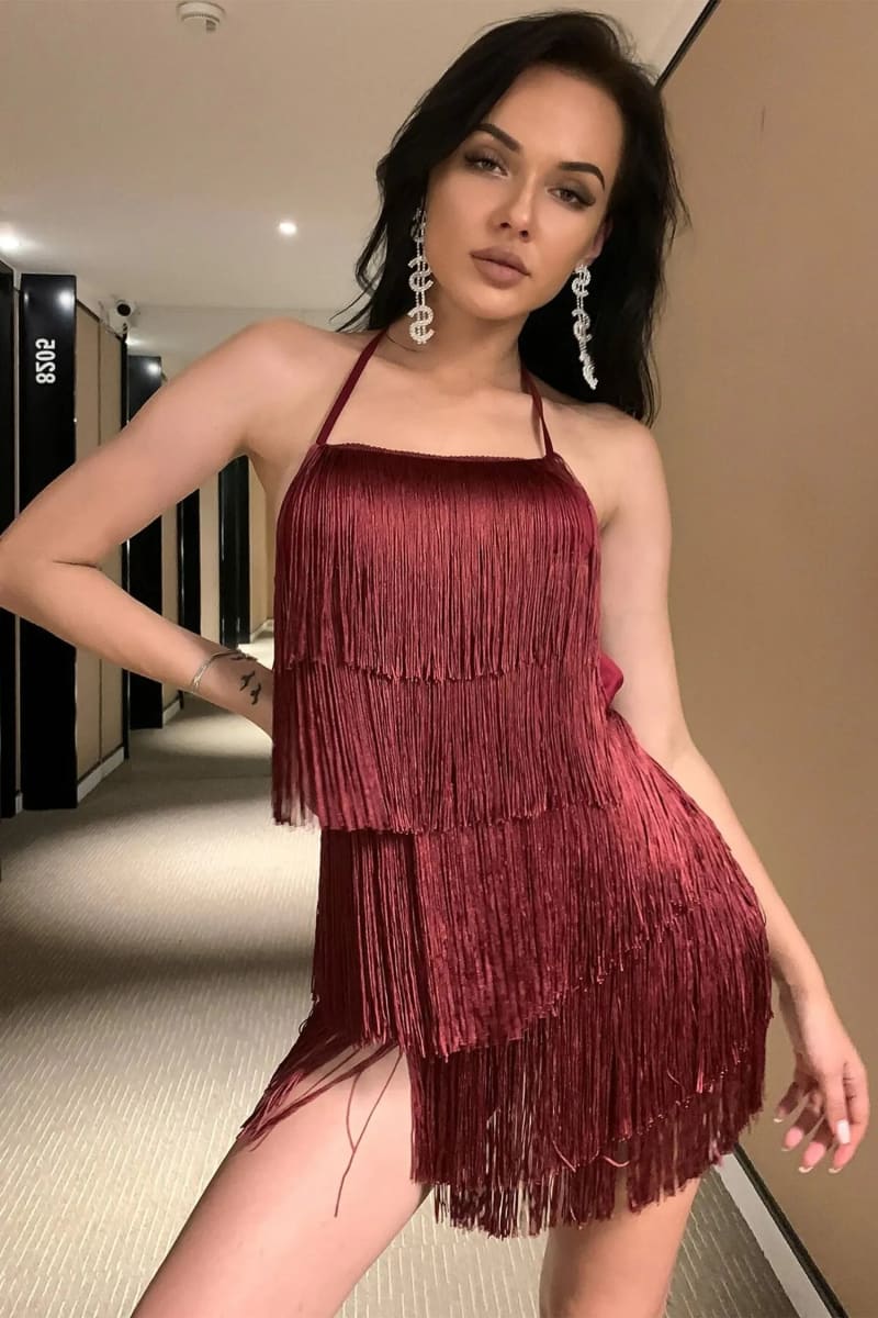 Burgundy Halterneck Backless Short Fringe Romper Jumpsuits & Rompers