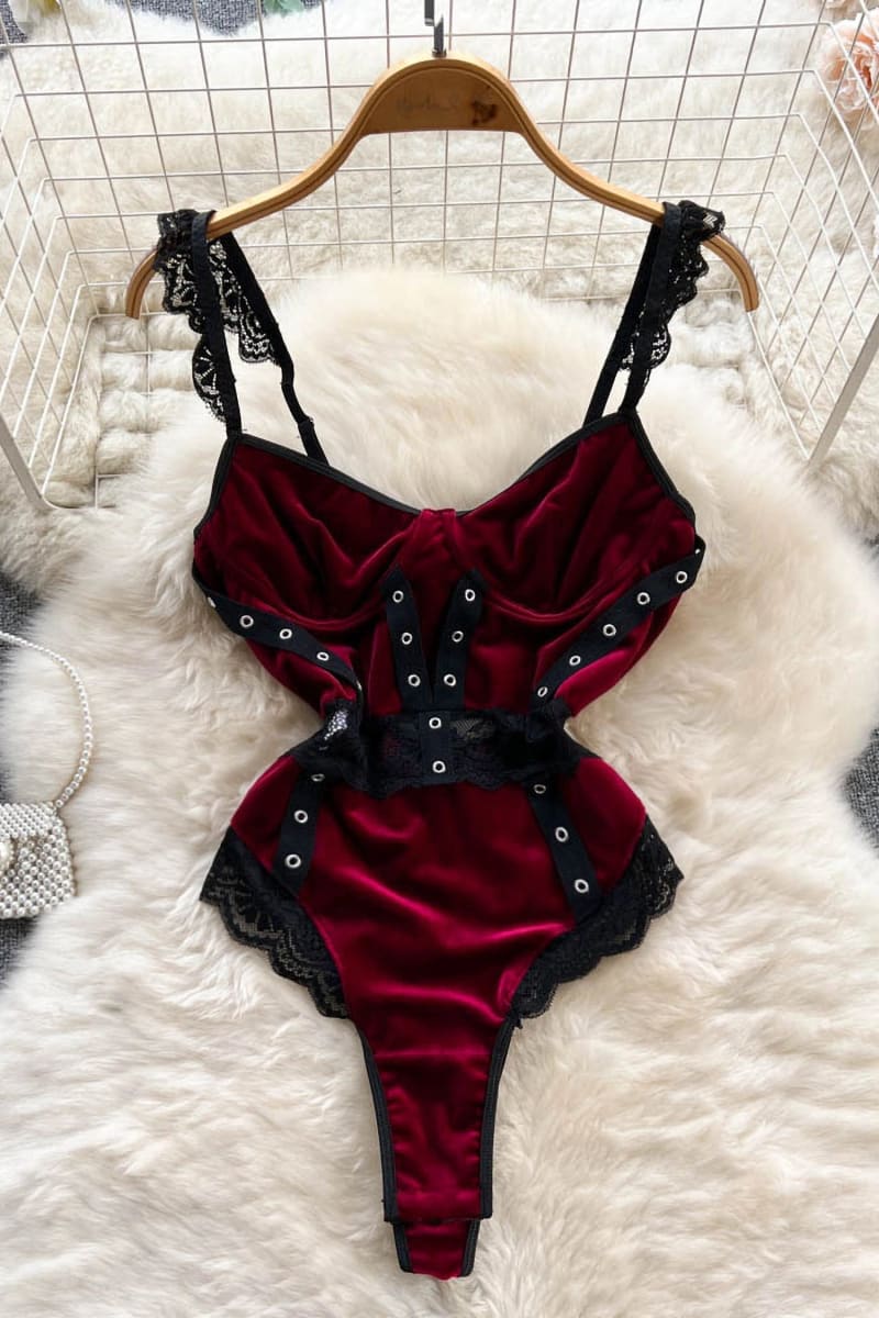 Burgundy Lace Panel Velvet Bodysuit / S