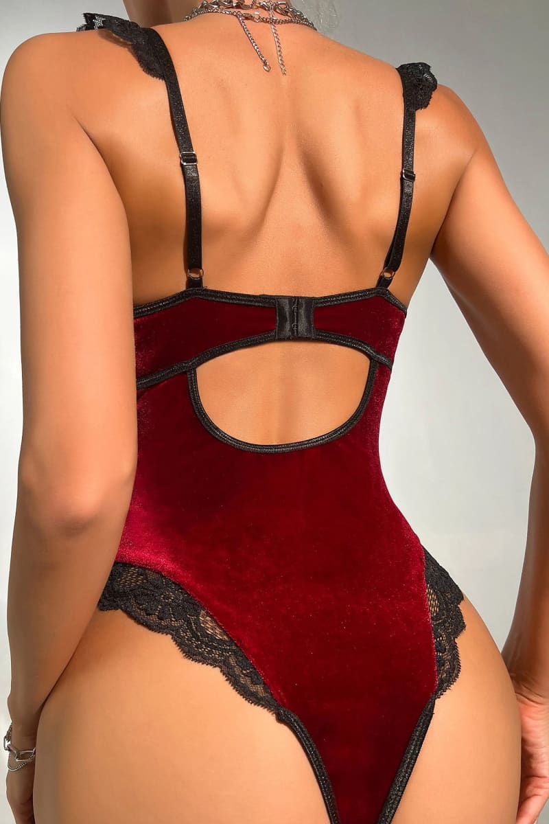 Burgundy Lace Panel Velvet Bodysuit