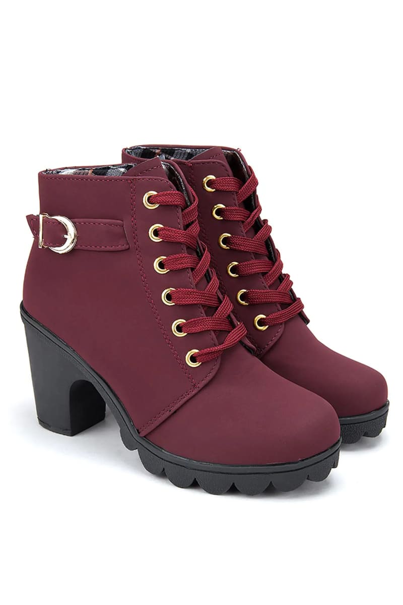 Burgundy Lace-Up High Heel Ankle Boots