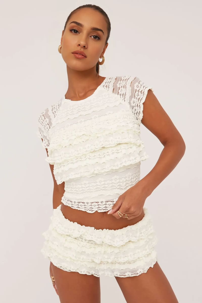 Cream Lace Cap Sleeve Crop Top & Mini Skirt Set