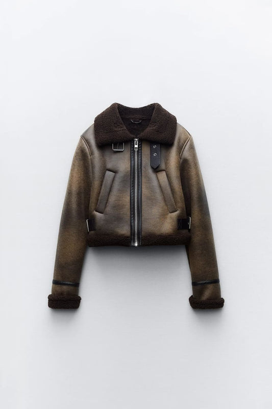 Cropped Brown Leather Shearling Jacket Dark / Xs