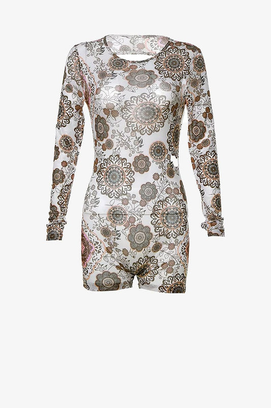 Floral Print Long Sleeve Backless Romper