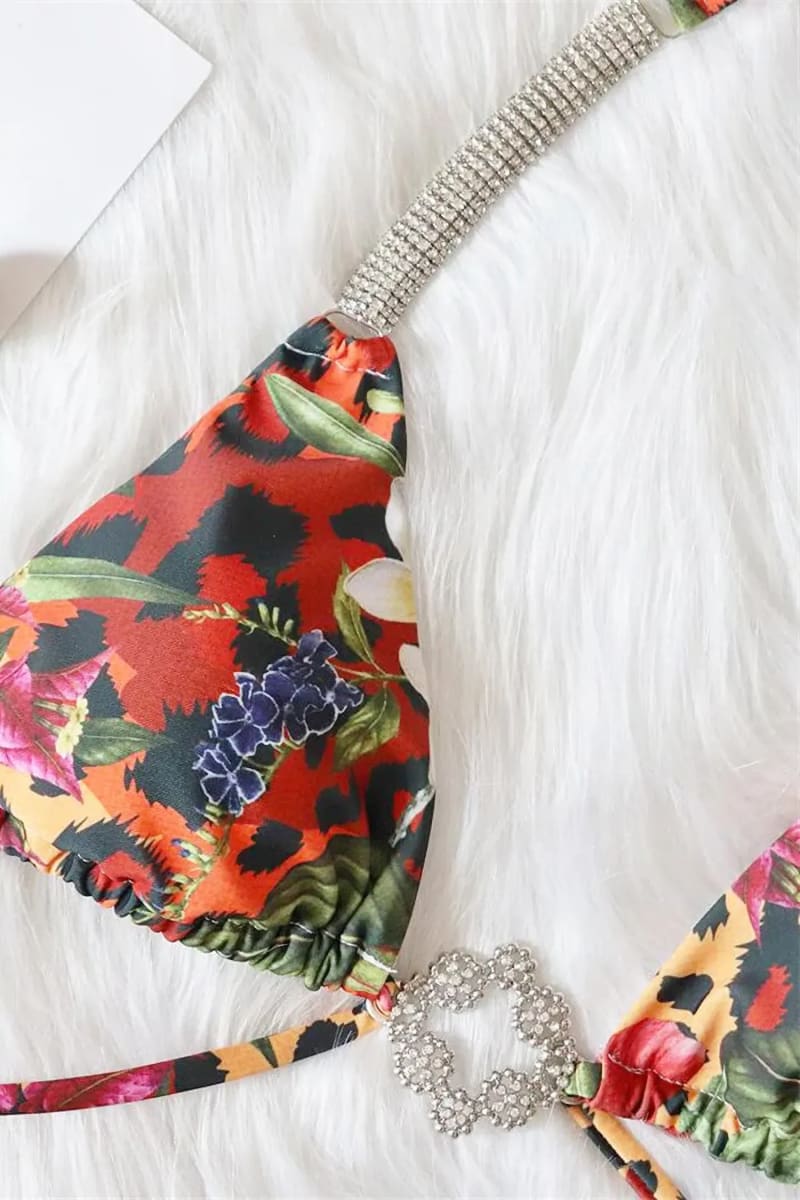 Floral Print Rhinestone Straps Bikini