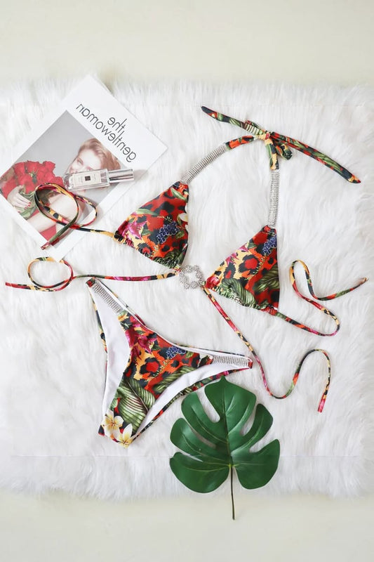 Floral Print Rhinestone Straps Bikini / M