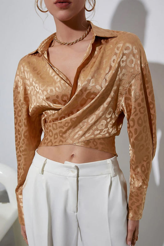 Gold Leopard Print Satin Wrap Crop Shirt / S Shirts & Tops