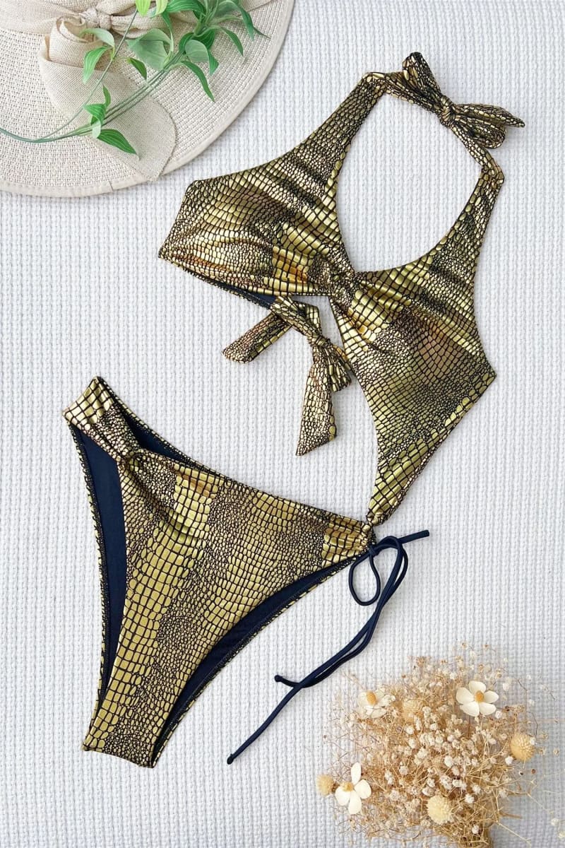 Gold Snake Print One Piece Swimsuit Monokini