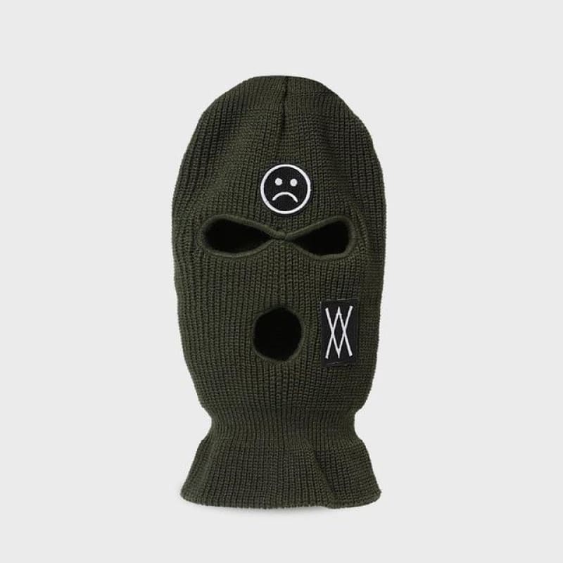 Green 3 Holes Balaclava With Sad Face Embroidery