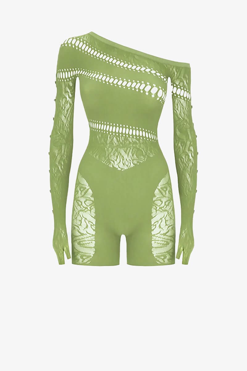 Green Asymmetrical Lace Romper