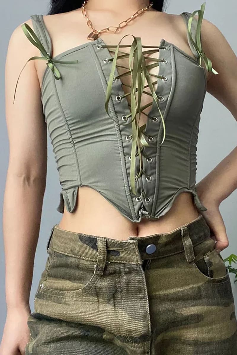 Green Bustier Top With Lace-Up Front