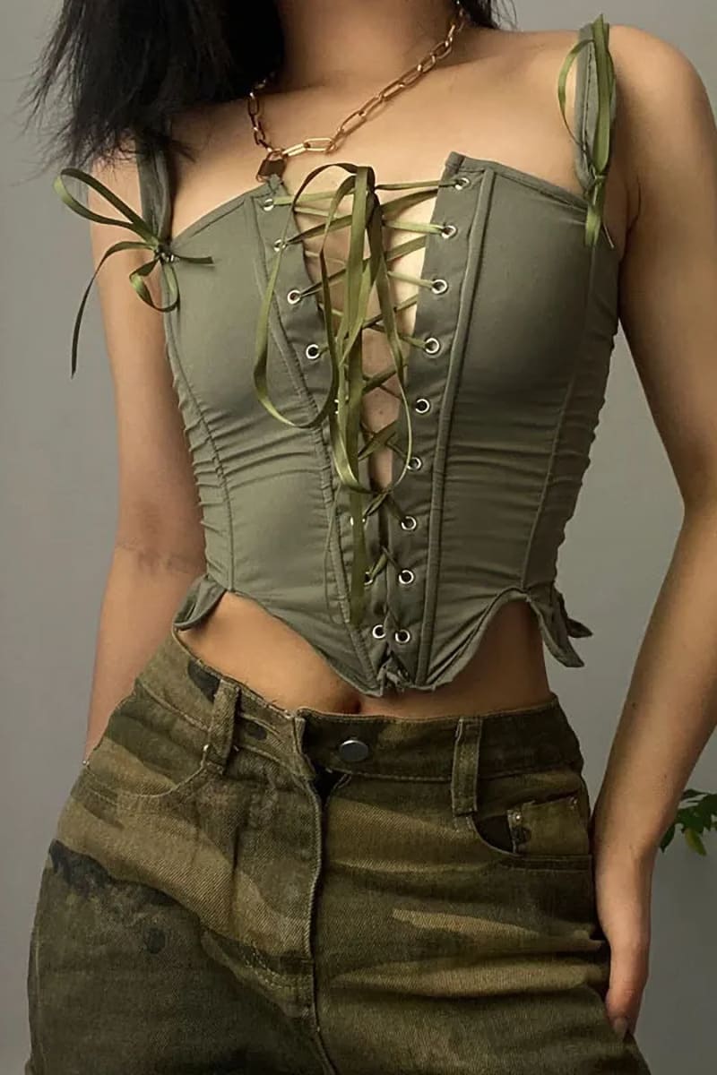 Green Bustier Top With Lace-Up Front