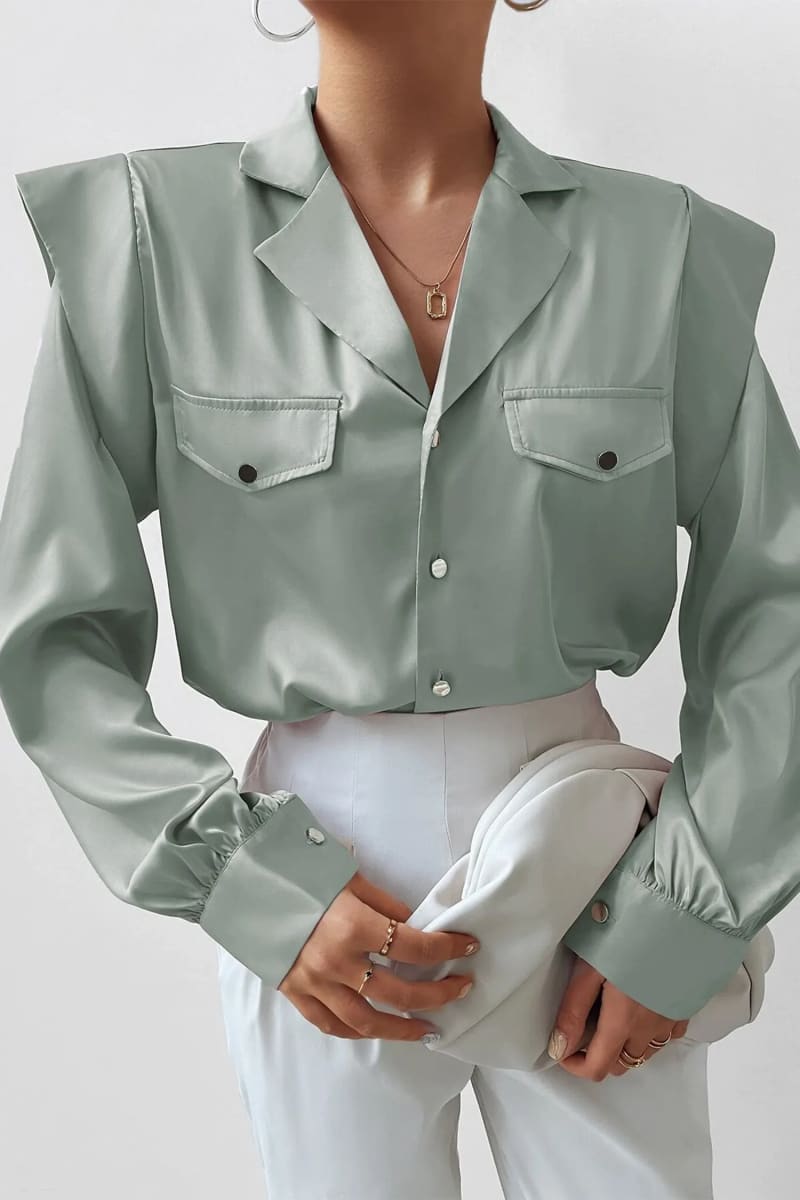 Green Cap Long Sleeve Button Up Satin Blouse