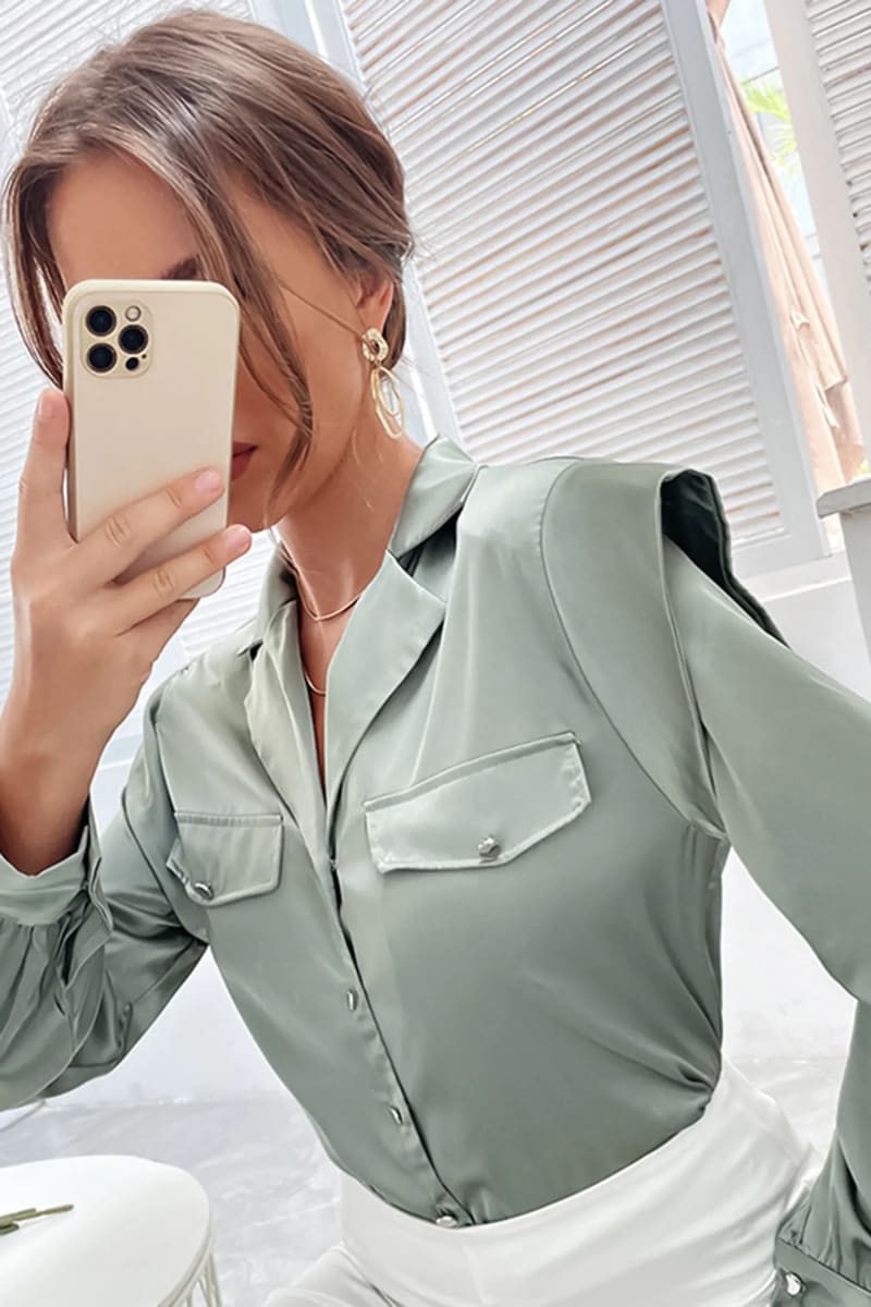 Green Cap Long Sleeve Button Up Satin Blouse