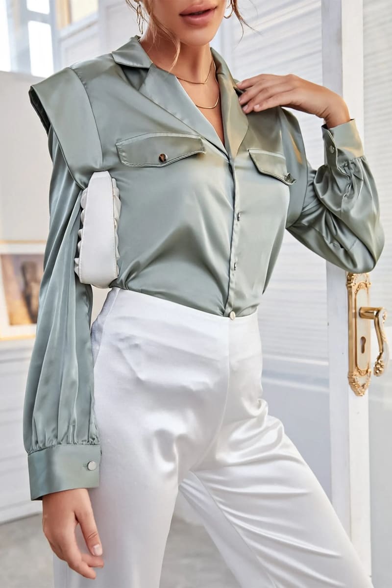 Green Cap Long Sleeve Button Up Satin Blouse