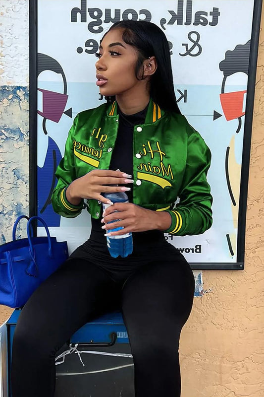 Green Cropped Varsity Baseball Jacket / S