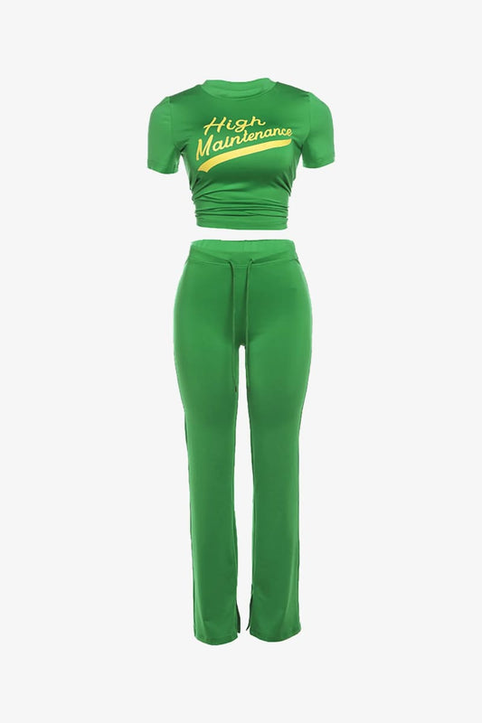 Green Flare Pants And Crop Top Set