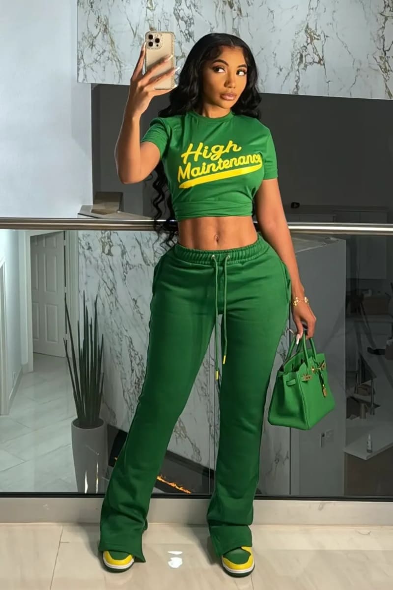 Green Flare Pants And Crop Top Set Green / L