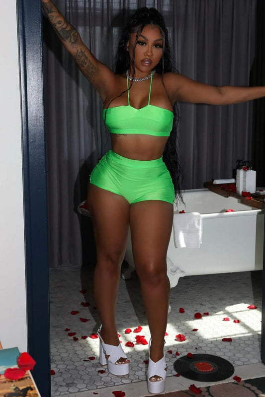 Green Halter Tube Top & High Waisted Spandex Mini Shorts Set / S Outfit Sets