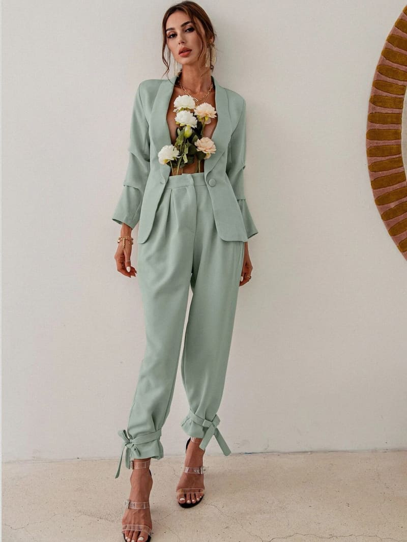 Green High Waisted Ankle Tie Pants & Blazer Set Set