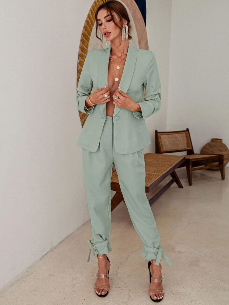 Green High Waisted Ankle Tie Pants & Blazer Set Set