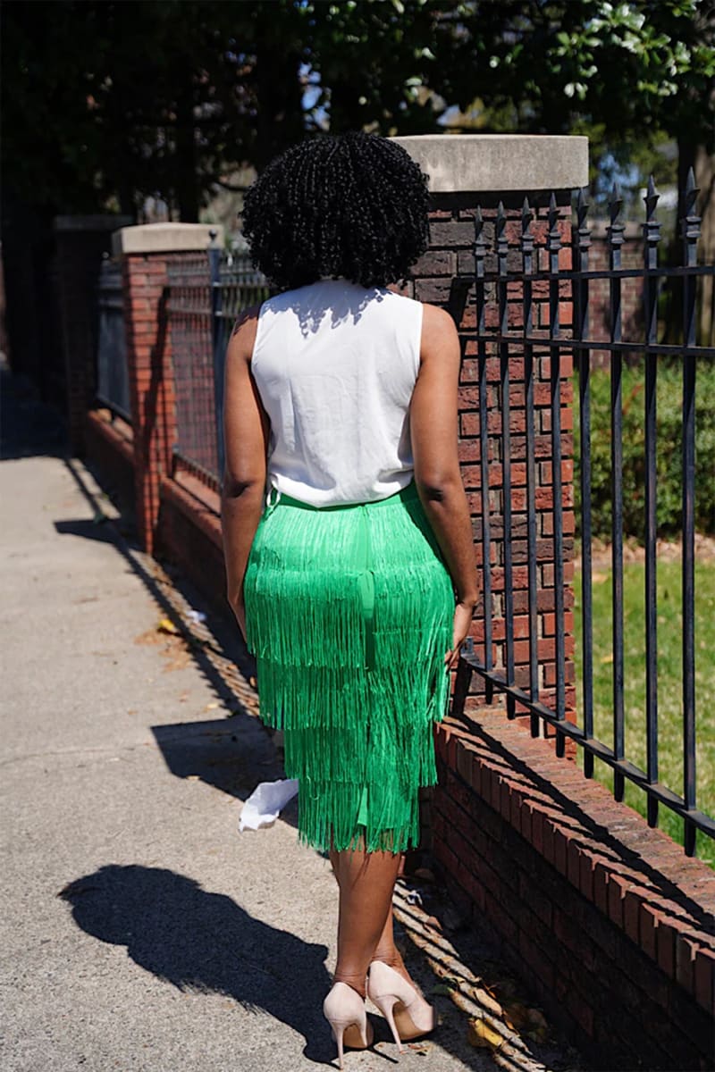 Green High Waisted Midi Fringe Skirt