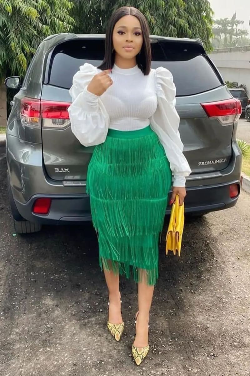 Green High Waisted Midi Fringe Skirt