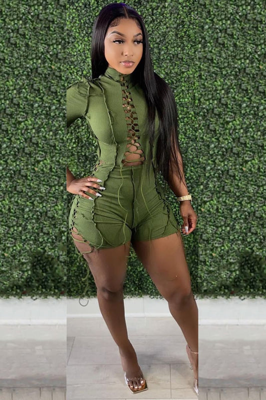 Green Lace Up Short Sleeve Contrast Stitch Bodycon Romper Green / S Jumpsuits & Rompers