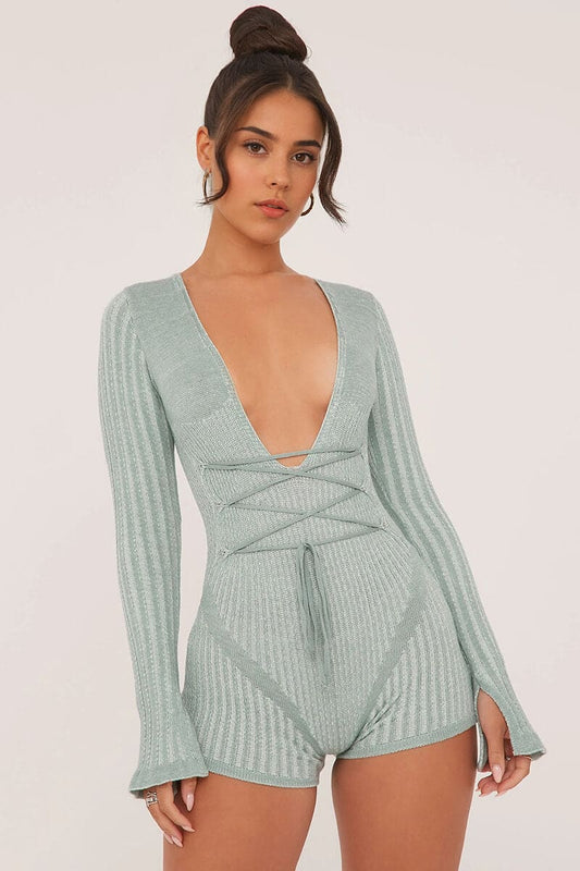 Green Long Sleeve V-Neck Bodycon Romper