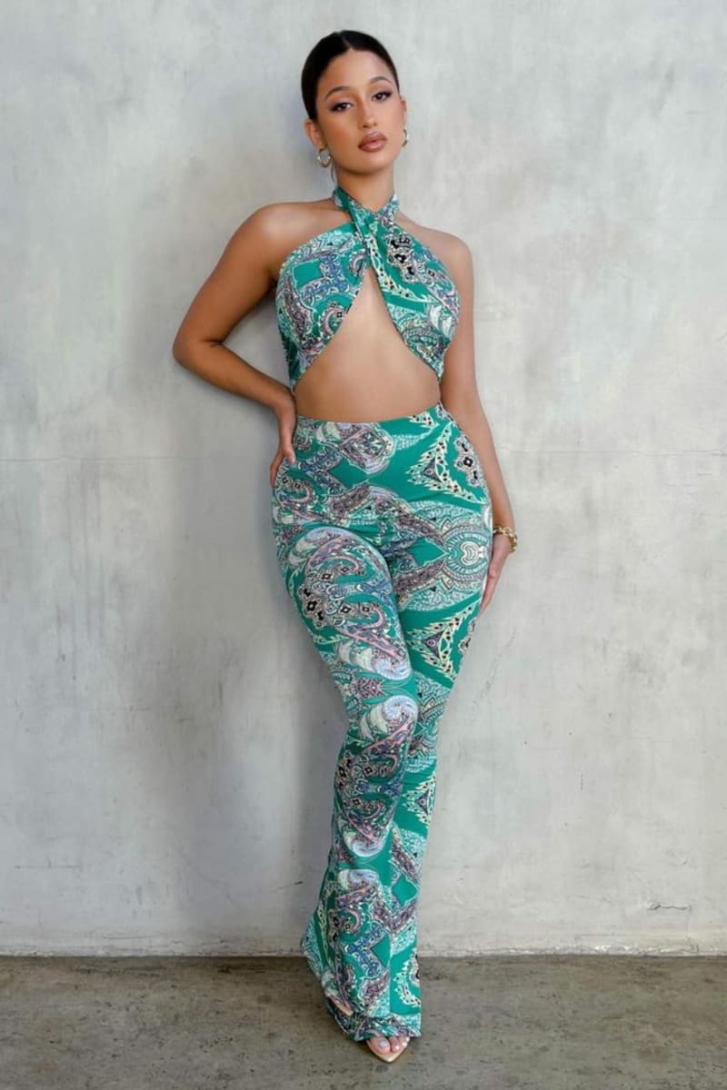 Green Paisley High Waist Flare Pants & Halter Top Set Set