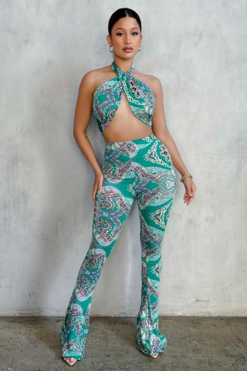 Green Paisley High Waist Flare Pants & Halter Top Set S / Set