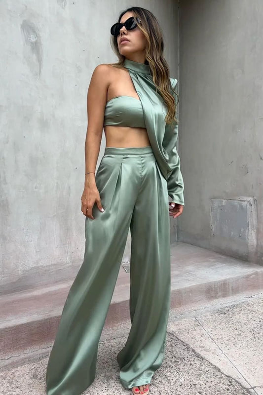 Green Satin One Shoulder Top Pants Set Outfit Sets